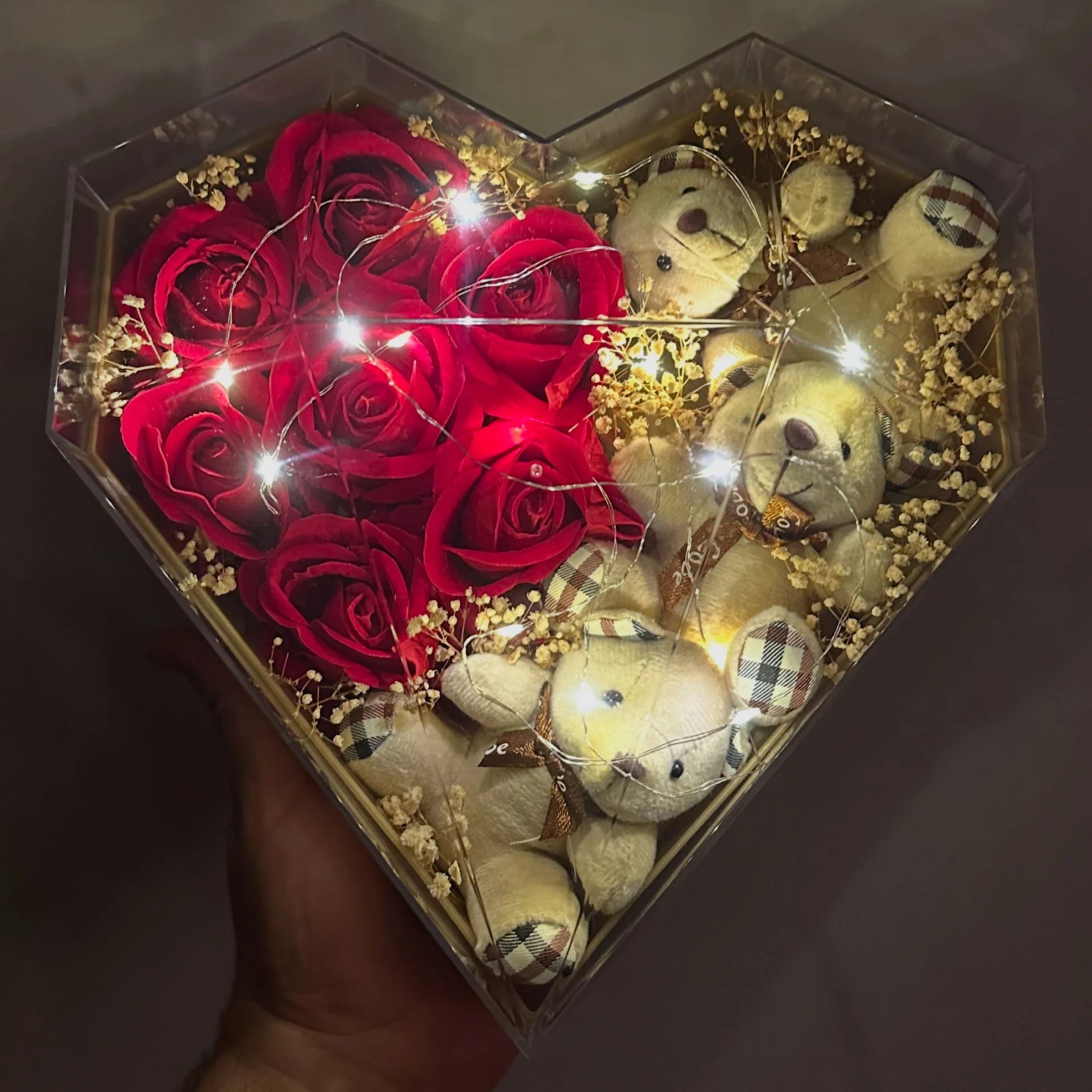 Led Işıklı Ayıcıklı Güllü Kalp Kutu