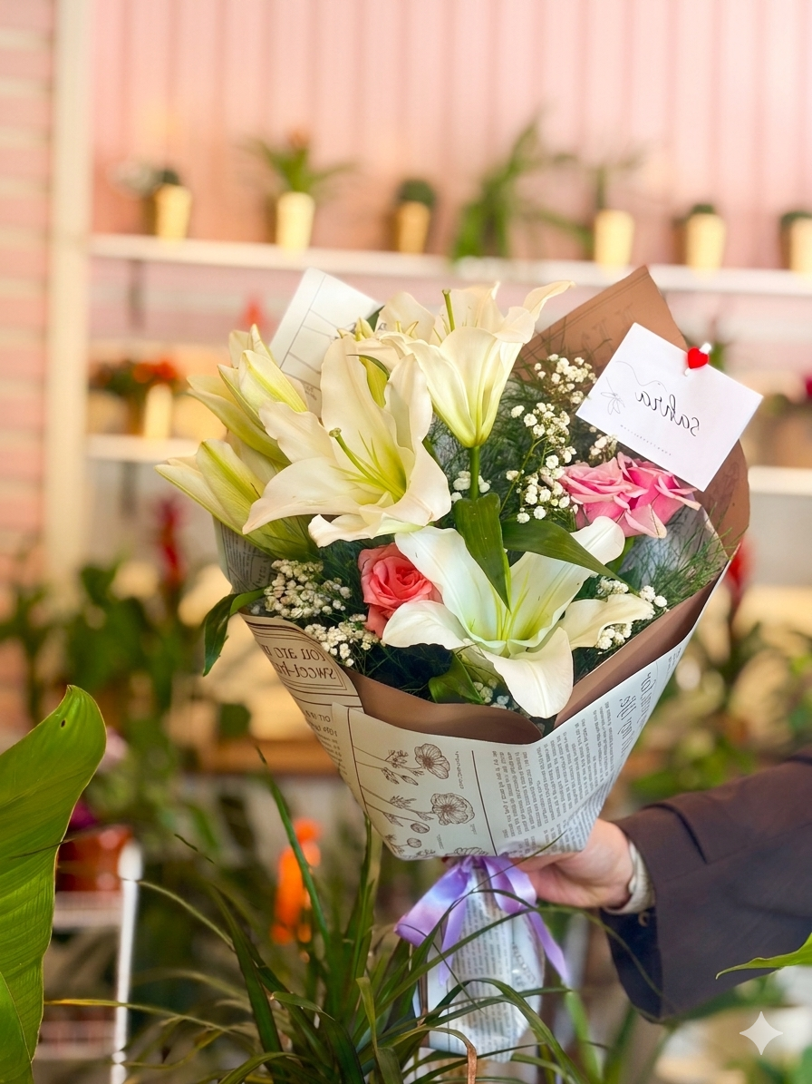 Lilyum pembe gül buketi