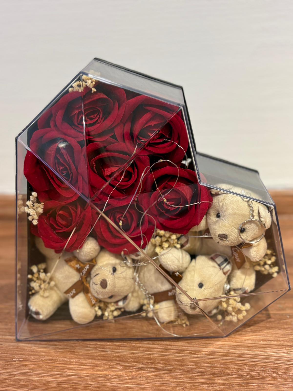 Led Işıklı Ayıcıklı Güllü Kalp Kutu